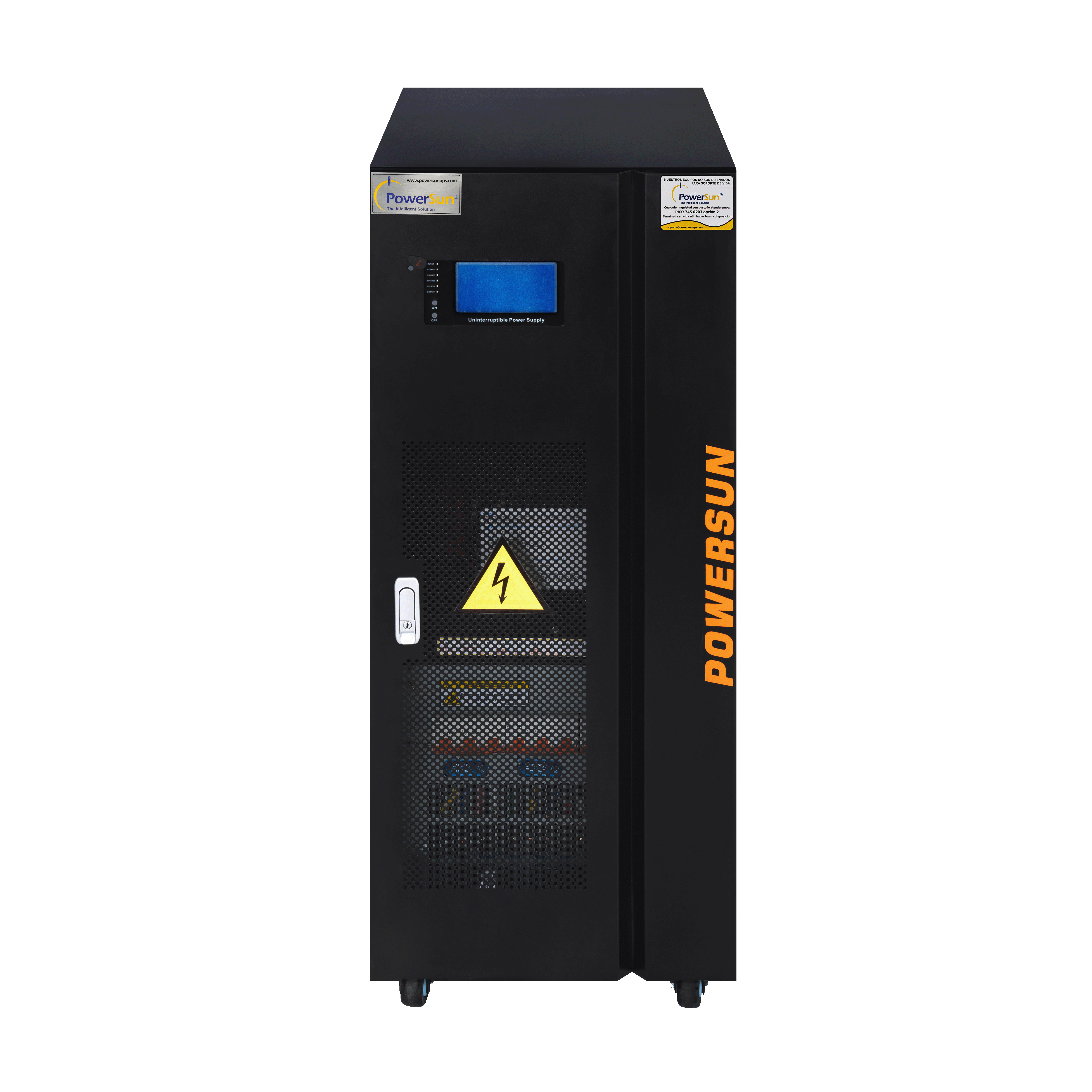 Vista frontal de una UPS trifásica PowerSun de alta capacidad ideal para entornos industriales